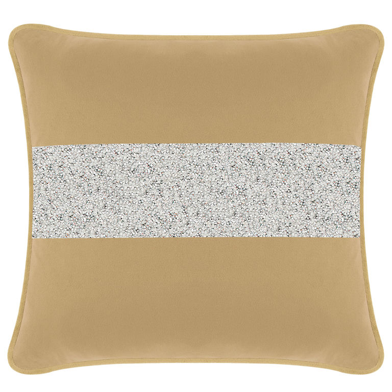 Champagne velvet pillow with a silver rhinestone stripe square shape and a piped edge detailing.