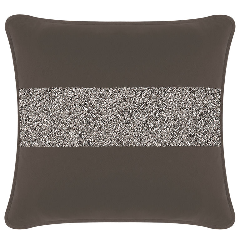 Charcoal velvet pillow with a radiant rhinestone stripe across the center and a piped edge.