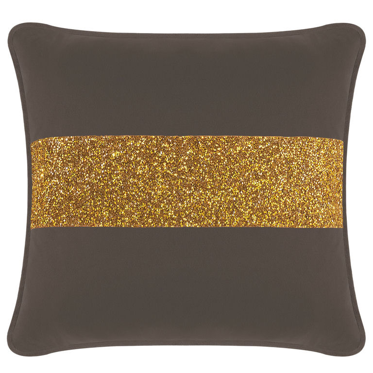 Charcoal&#x20;velvet&#x20;pillow&#x20;with&#x20;a&#x20;gold&#x20;rhinestone&#x20;stripe&#x20;square&#x20;shape&#x20;smooth&#x20;texture&#x20;and&#x20;plush&#x20;filling.