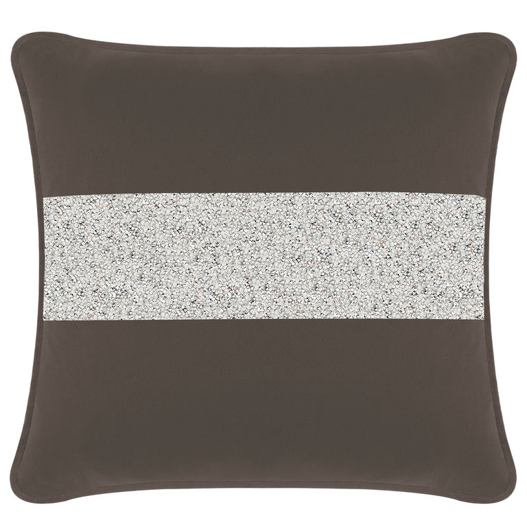 Charcoal velvet pillow with a silver rhinestone stripe square shape soft texture and contrasting trim around the edges.
