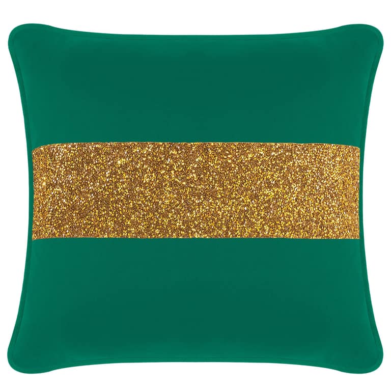 Emerald green velvet pillow with a gold glitter rhinestone stripe square shape plush texture 20x20 inches.