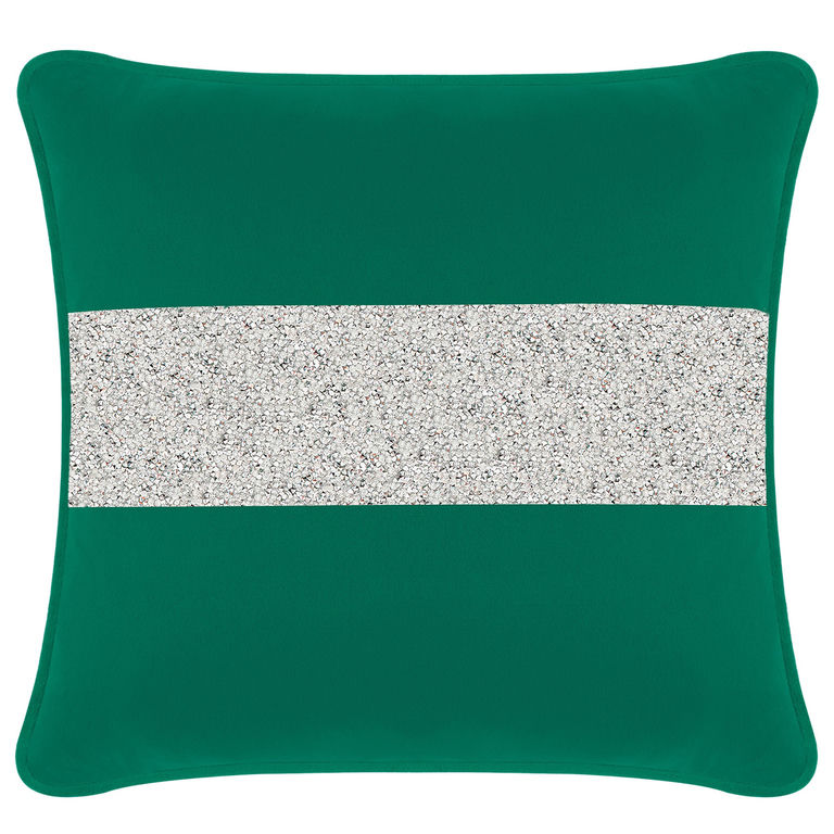 Emerald velvet pillow with a silver rhinestone stripe square shape soft texture and piped edges.