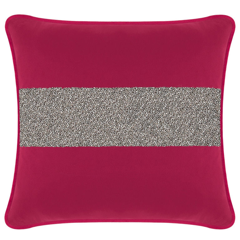 Fuchsia velvet pillow with a silver rhinestone stripe square shape soft texture and feather insert visible.