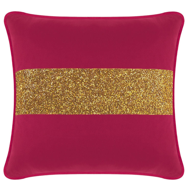 Fuchsia velvet pillow with a gold rhinestone stripe square shape smooth texture and contrasting edges.