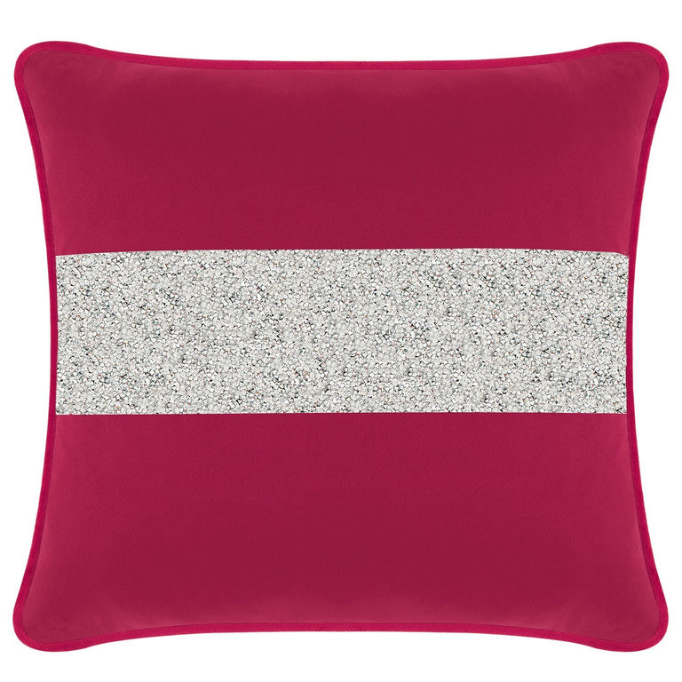 Fuchsia velvet pillow with a silver rhinestone stripe square shape smooth texture 20x20 inches in size.