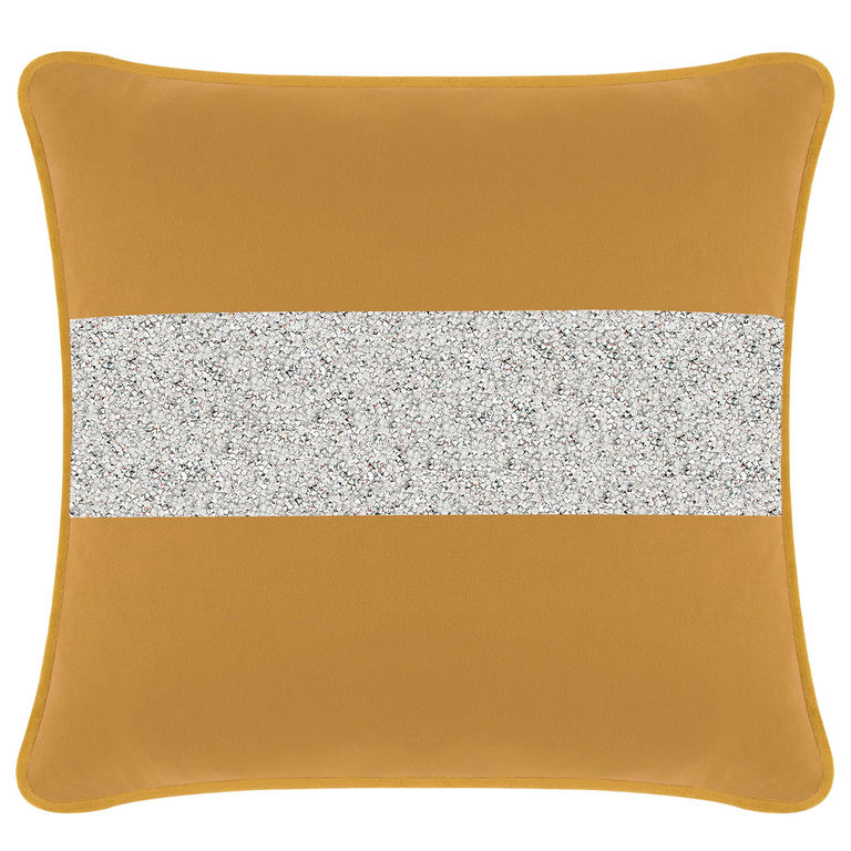 Gold velvet pillow with a silver rhinestone stripe square shape soft texture and piped edges.