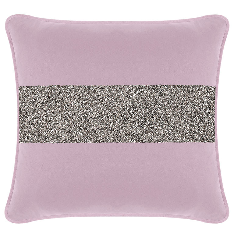 Lavender velvet pillow with a charcoal rhinestone stripe square shape and soft texture featuring a piped edge.