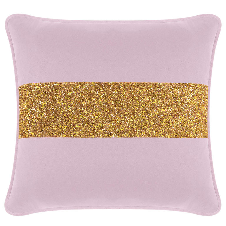Lavender velvet pillow with a gold glitter stripe square shape plush texture and piped edges.