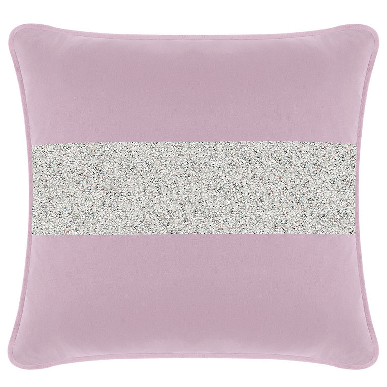 Lavender velvet pillow with a silver rhinestone stripe square shape soft texture and piped edges.