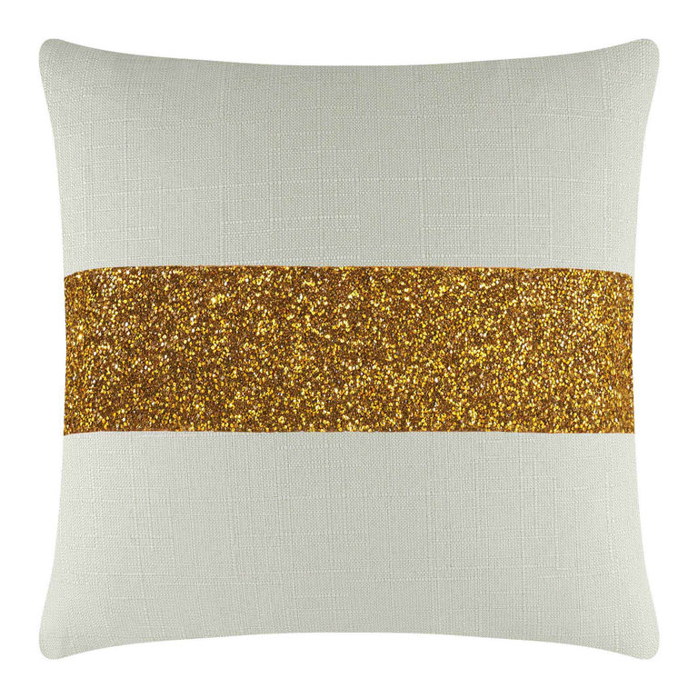Square pillow with a textured light gray linen surface and a shimmering gold rhinestone stripe across the center.