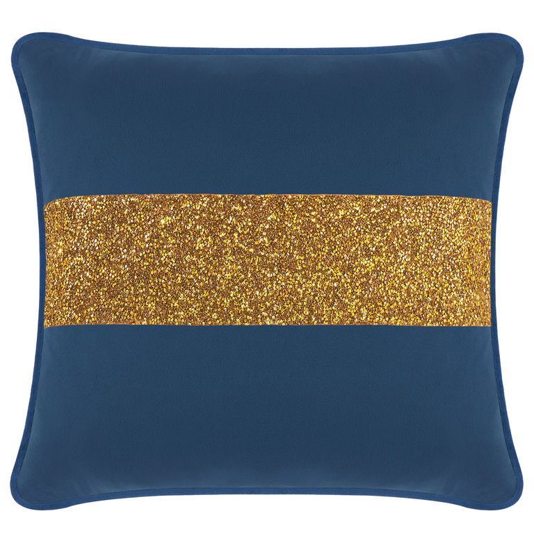 Navy velvet pillow with a gold glitter stripe square shape plush texture and contrasting smooth edges.