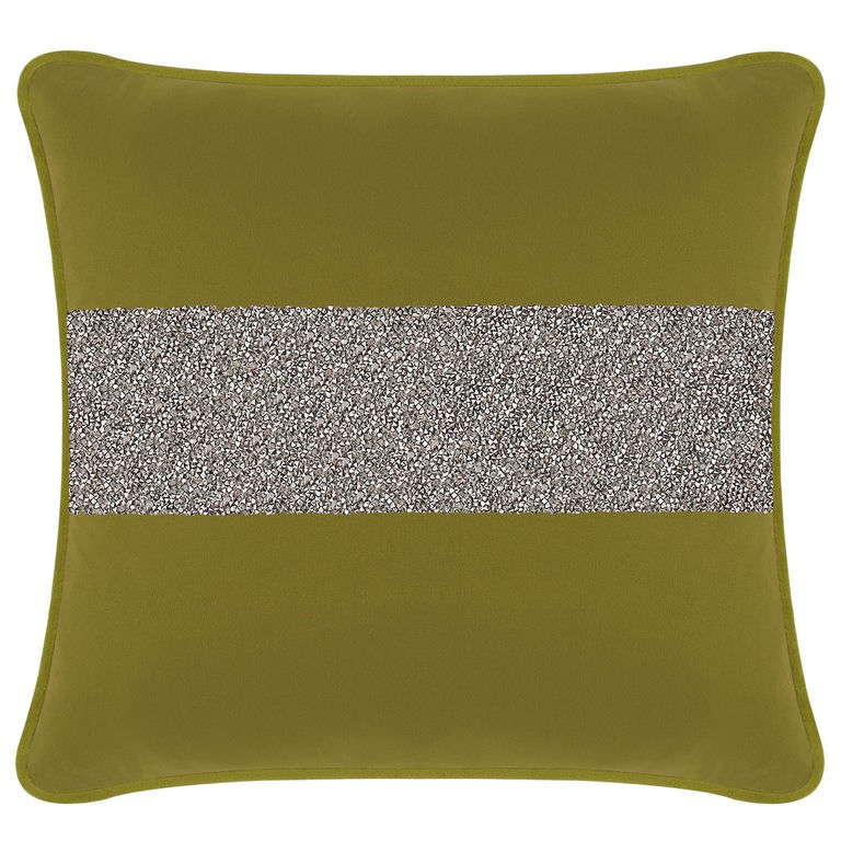 Olive velvet pillow featuring a wide rhinestone stripe in charcoal gray across the center square shape with rounded edges.
