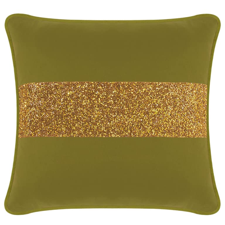 Olive velvet pillow with a gold rhinestone stripe square shape smooth texture and piped edges.