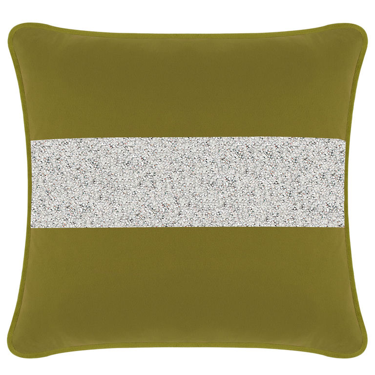 Olive velvet pillow with a silver rhinestone stripe square shape soft texture and contrasting sheen in the embellishment.
