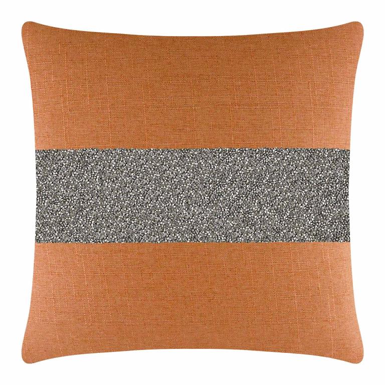 Square pillow with an orange woven fabric and a charcoal rhinestone stripe across the center.