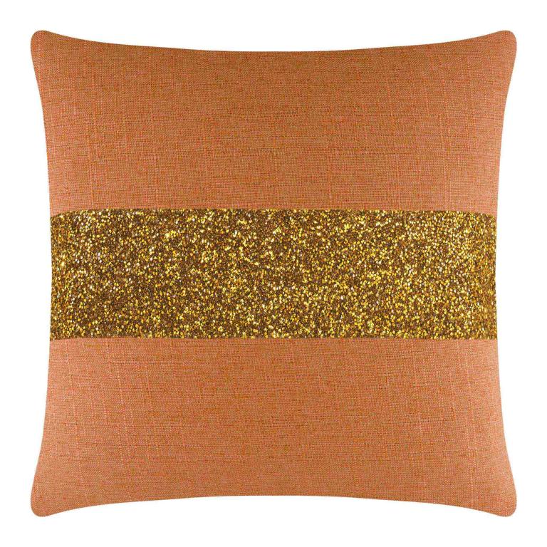 Square pillow with an orange woven fabric and a gold glitter rhinestone stripe across the center.