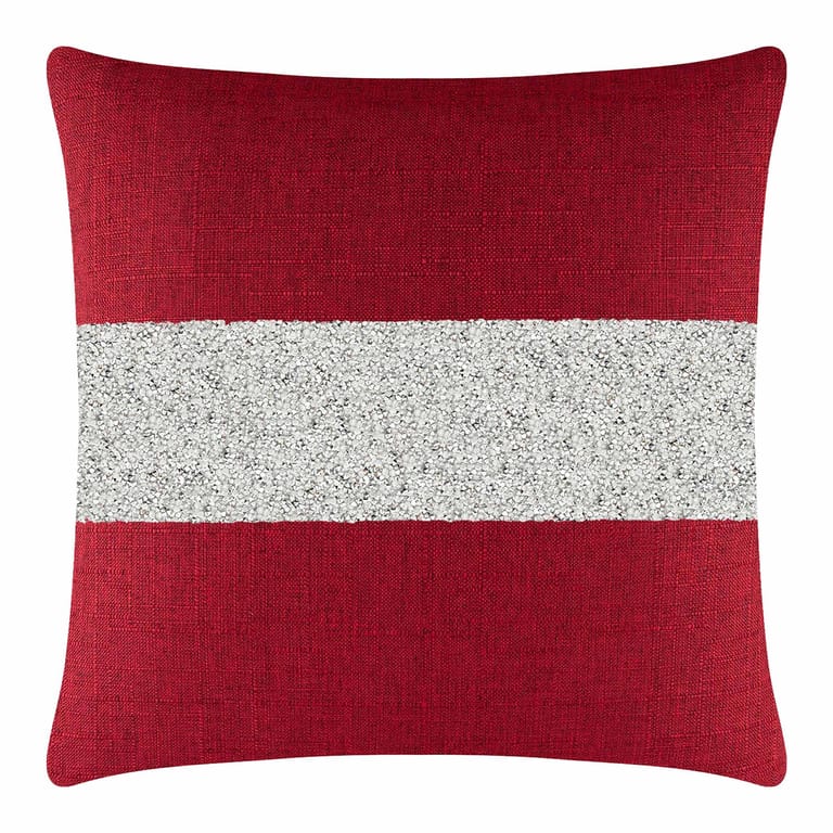 Red woven pillow with a silver rhinestone stripe featuring a square shape and textured fabric surface.