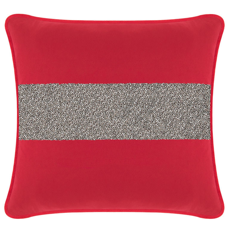 Red velvet pillow with a wide silver rhinestone stripe across the center and a soft smooth texture.