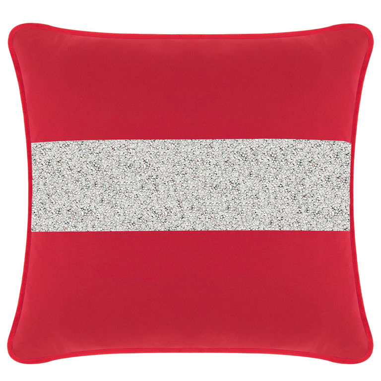 Red&#x20;velvet&#x20;pillow&#x20;featuring&#x20;a&#x20;wide&#x20;silver&#x20;rhinestone&#x20;stripe&#x20;across&#x20;the&#x20;center&#x20;with&#x20;a&#x20;smooth&#x20;texture&#x20;and&#x20;piped&#x20;edges.