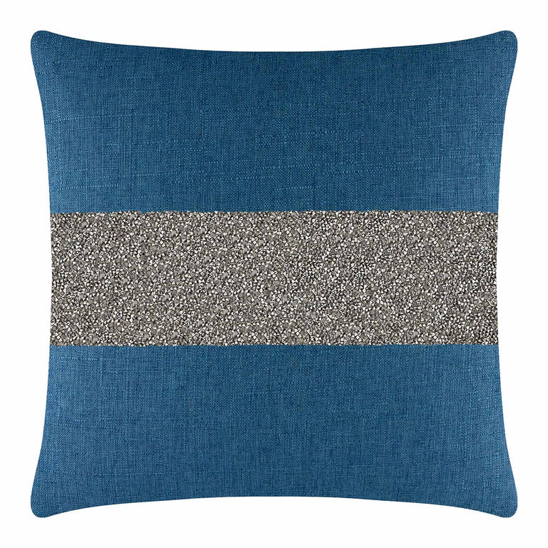 Royal blue pillow with a wide charcoal rhinestone stripe made of woven fabric with a textured finish.
