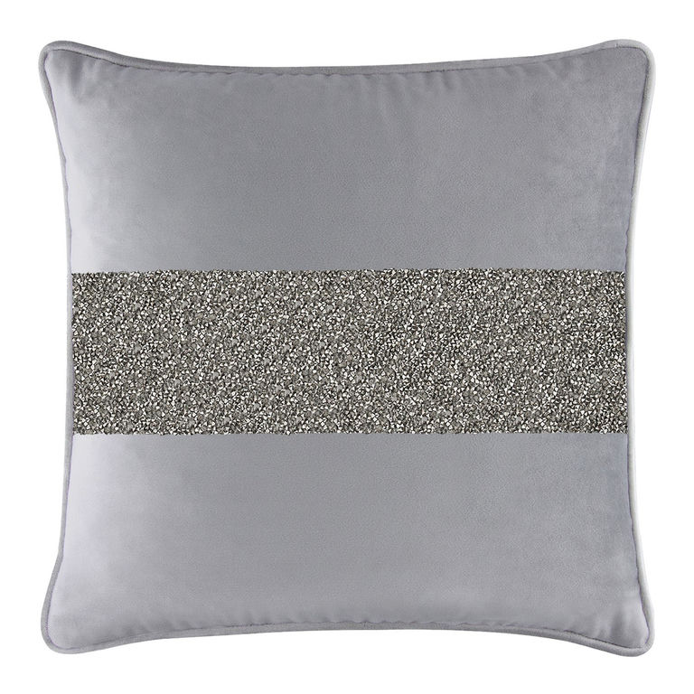 Square silver velvet pillow featuring a wide rhinestone stripe across the center soft texture with piped edges.