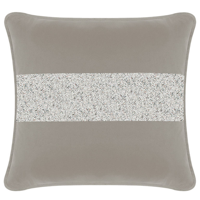 Square silver velvet pillow featuring a central rhinestone stripe on a smooth surface.