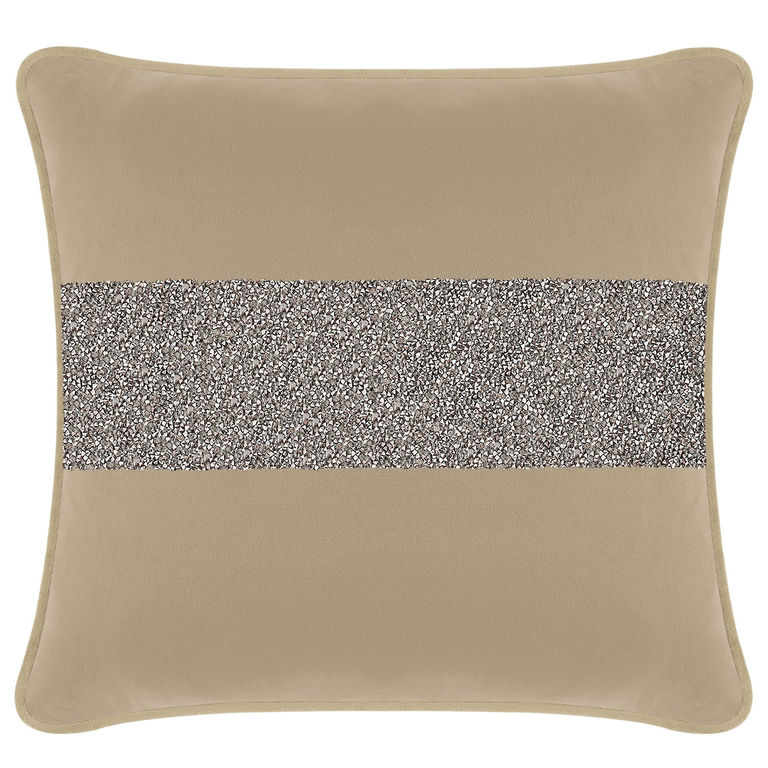 Taupe velvet pillow with a charcoal rhinestone stripe square shape soft texture and piped edges.
