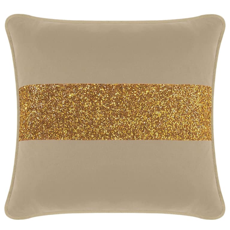 Taupe velvet pillow with a gold rhinestone stripe square shape soft texture and piped edges.