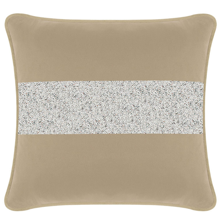 Taupe velvet pillow with a silver rhinestone stripe square shape soft texture and contrasting edges.
