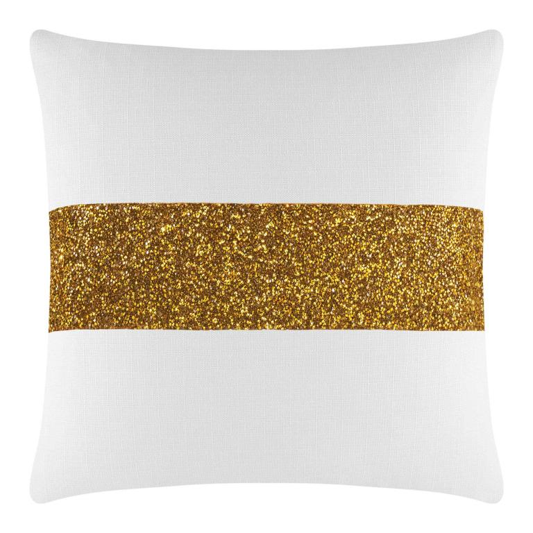 White pillow with a textured surface featuring a gold glitter stripe across the center.