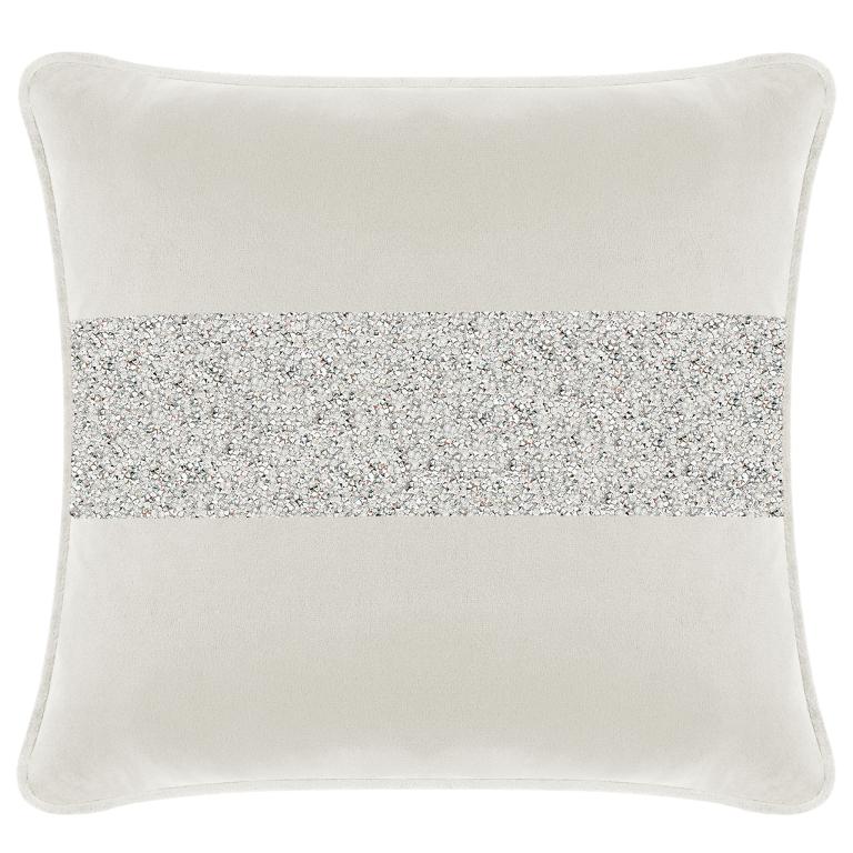 White velvet pillow with a silver rhinestone stripe square shape featuring a piped edge and soft texture.