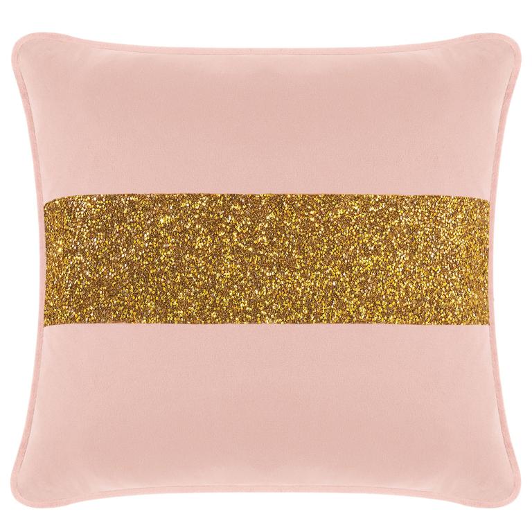 Square pillow in blush velvet fabric with a gold rhinestone stripe across the center.
