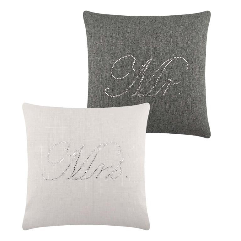 Gray&#x20;pillow&#x20;with&#x20;&quot;Mr.&quot;&#x20;in&#x20;rhinestones&#x20;and&#x20;white&#x20;pillow&#x20;with&#x20;&quot;Mrs.&quot;&#x20;in&#x20;rhinestones&#x20;both&#x20;plush&#x20;and&#x20;textured&#x20;16&quot;x16&quot;&#x20;size.