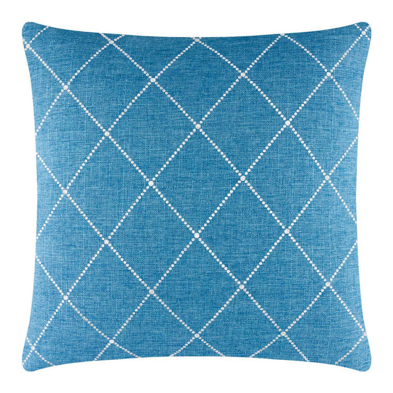 Aqua&#x20;woven&#x20;pillow&#x20;with&#x20;white&#x20;diamond&#x20;pattern&#x20;and&#x20;rhinestone&#x20;embellishments&#x20;on&#x20;a&#x20;textured&#x20;surface.