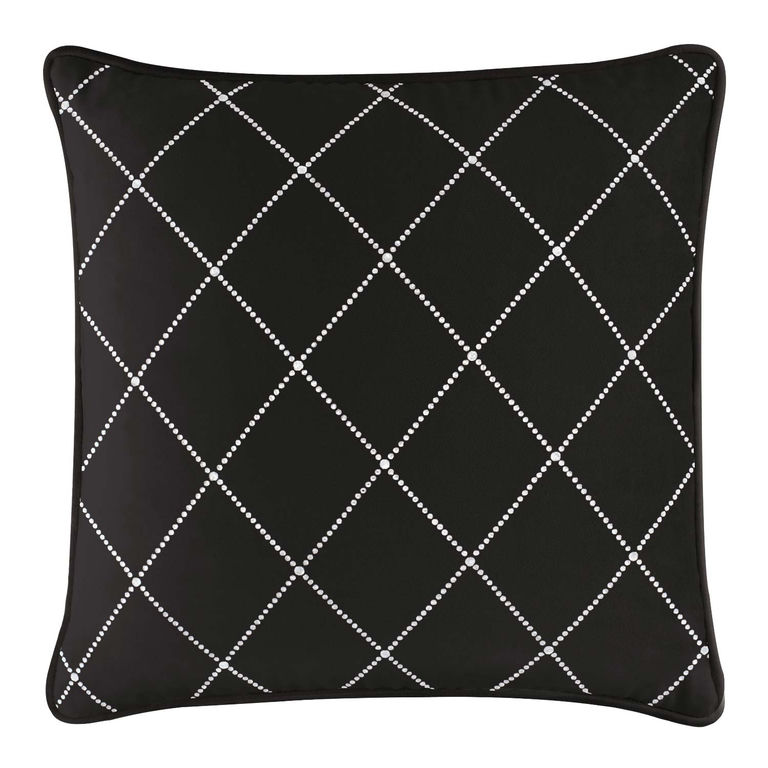 Black&#x20;velvet&#x20;square&#x20;pillow&#x20;with&#x20;a&#x20;diamond&#x20;pattern&#x20;of&#x20;shimmering&#x20;rhinestones&#x20;arranged&#x20;in&#x20;white&#x20;lines.