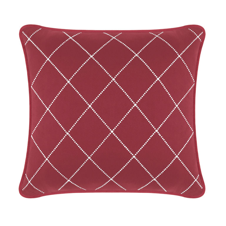Burgundy velvet pillow with diamond pattern of shimmering rhinestones and a smooth rounded edge.