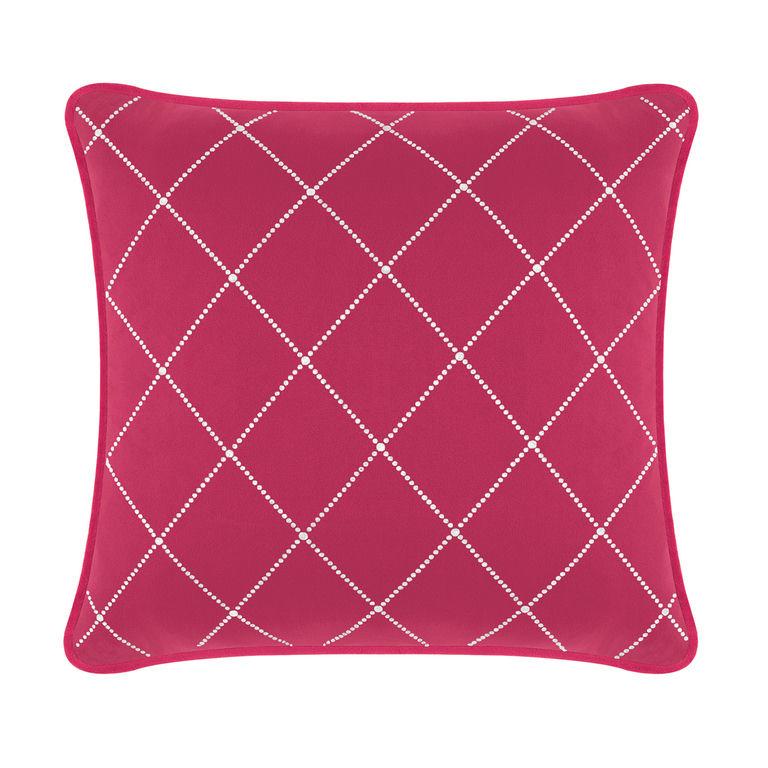 Fuchsia velvet pillow with diamond pattern of shimmering rhinestones and piped edges.