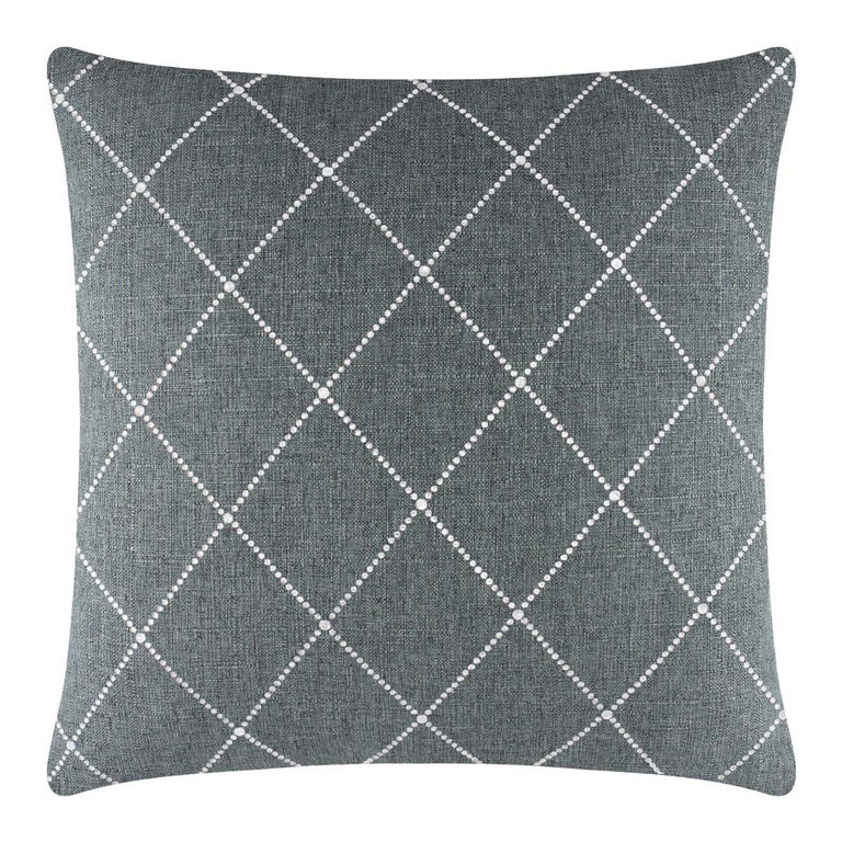 Gray woven pillow featuring a diamond pattern with white rhinestones arranged in a grid design.