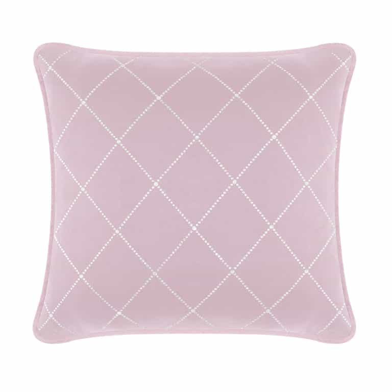 Lavender velvet pillow with a diamond pattern of shimmering rhinestones and a piped edge.