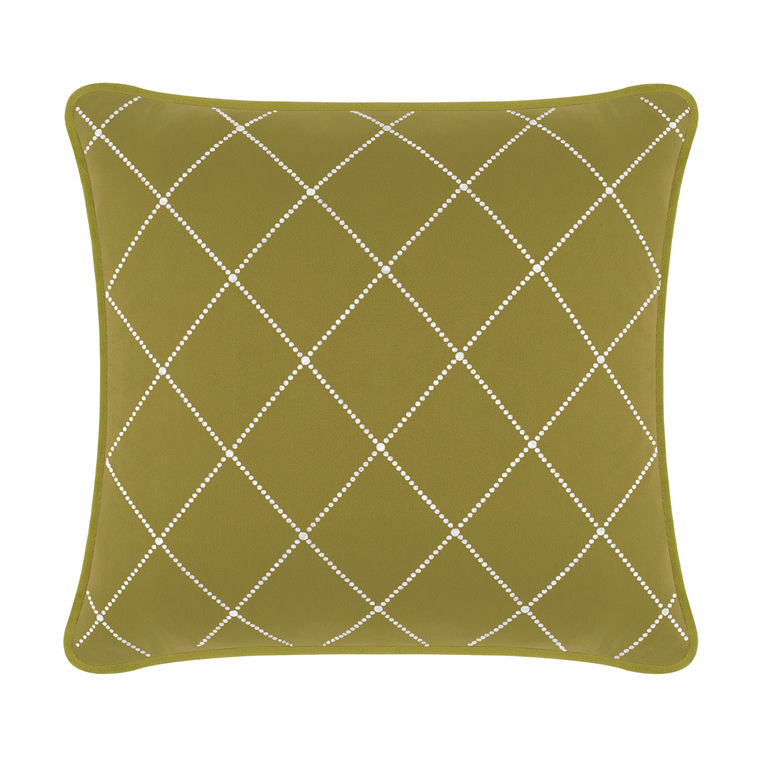 Olive green velvet pillow with white rhinestone diamond pattern and piped edges.