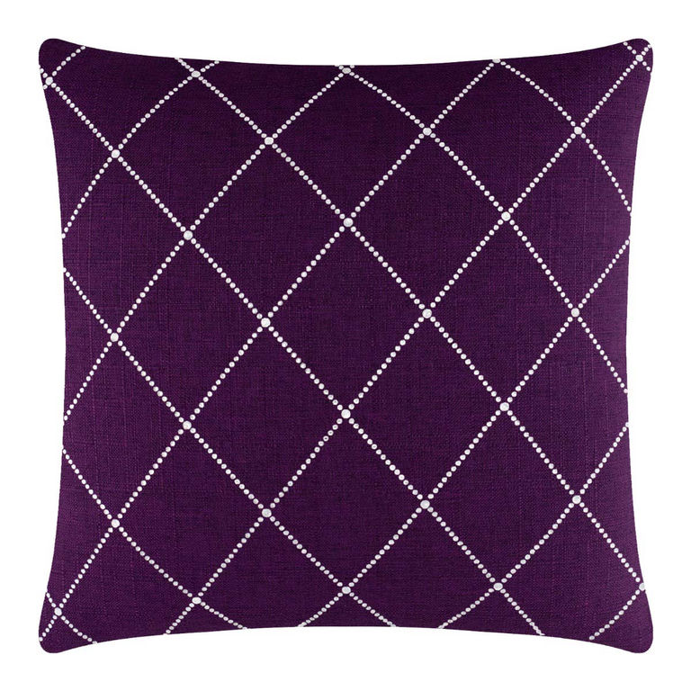 Purple square pillow with white rhinestone diamond pattern on a textured fabric surface.