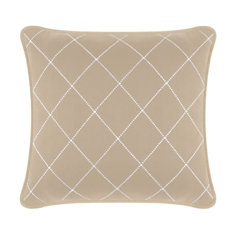 Taupe velvet pillow with a diamond pattern of shimmering rhinestones and a soft smooth texture.