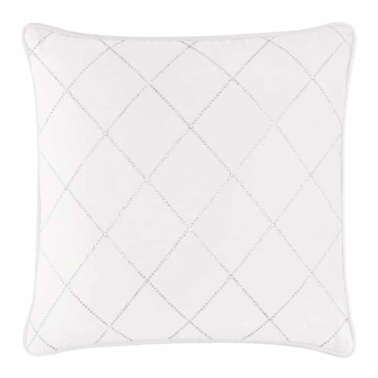 White velvet square pillow with diamond pattern embellished with shimmering rhinestones and a piped edge.