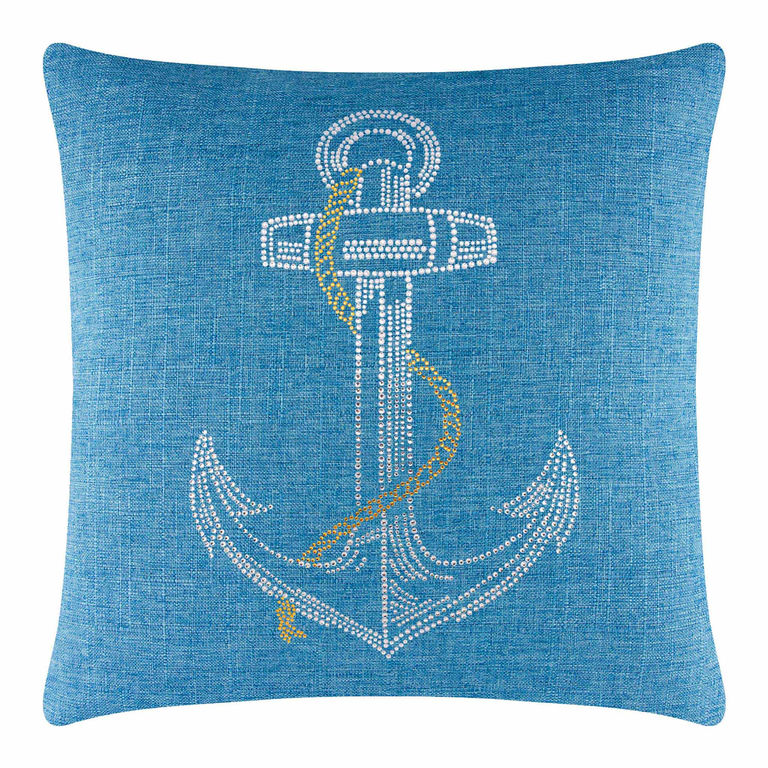 Aqua&#x20;textured&#x20;pillow&#x20;featuring&#x20;a&#x20;rhinestone&#x20;anchor&#x20;design&#x20;with&#x20;a&#x20;gold&#x20;chain&#x20;embellishment&#x20;on&#x20;a&#x20;blue&#x20;background.