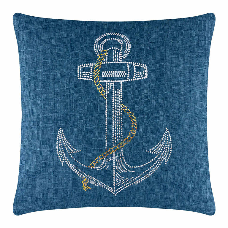 Square pillow with a textured deep blue fabric featuring a rhinestone anchor design and a golden chain embellishment.