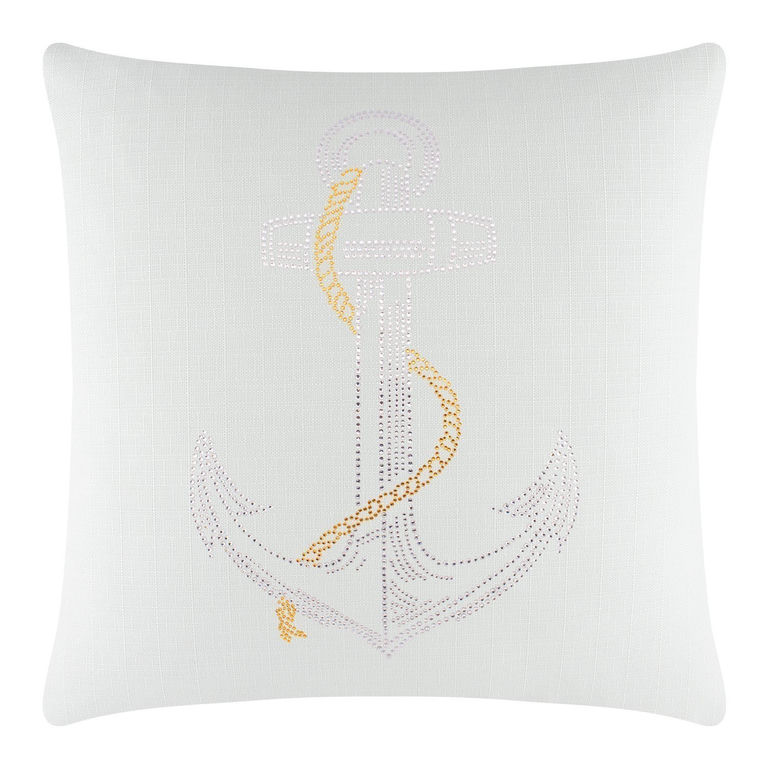 White textured pillow featuring a rhinestone anchor design with gold and silver embellishments.
