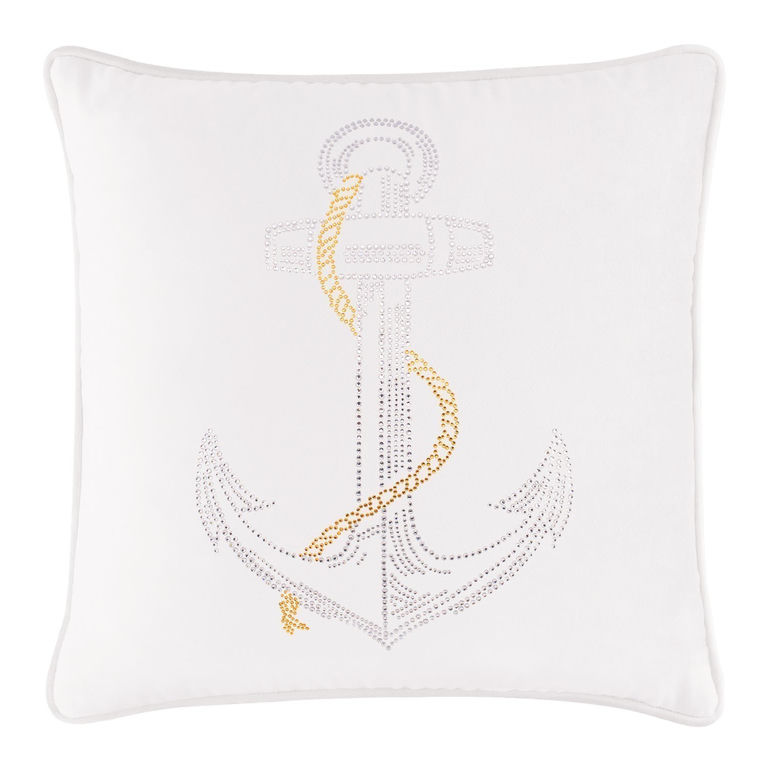 White velvet pillow featuring a rhinestone anchor design with silver and gold embellishments.