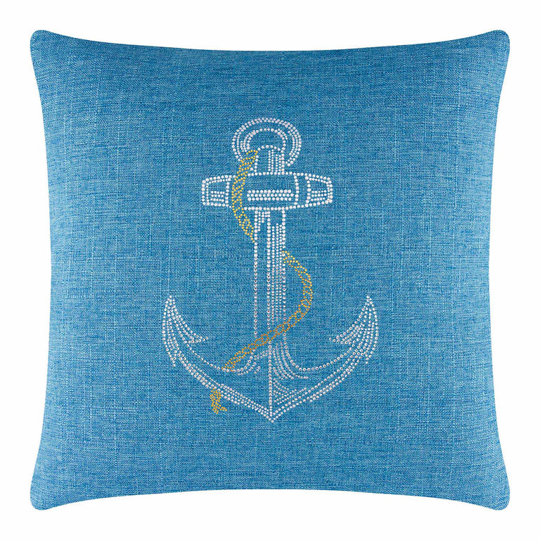 Aqua textured pillow featuring a rhinestone anchor design with a gold and silver rope embellishment.