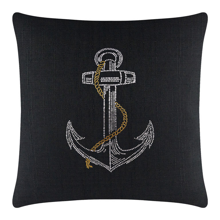 Black square pillow featuring a rhinestone anchor design with a gold rope detail on a textured fabric surface.