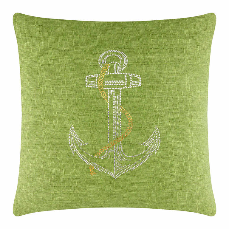 Lime green square pillow with a rhinestone anchor design and a textured fabric surface.